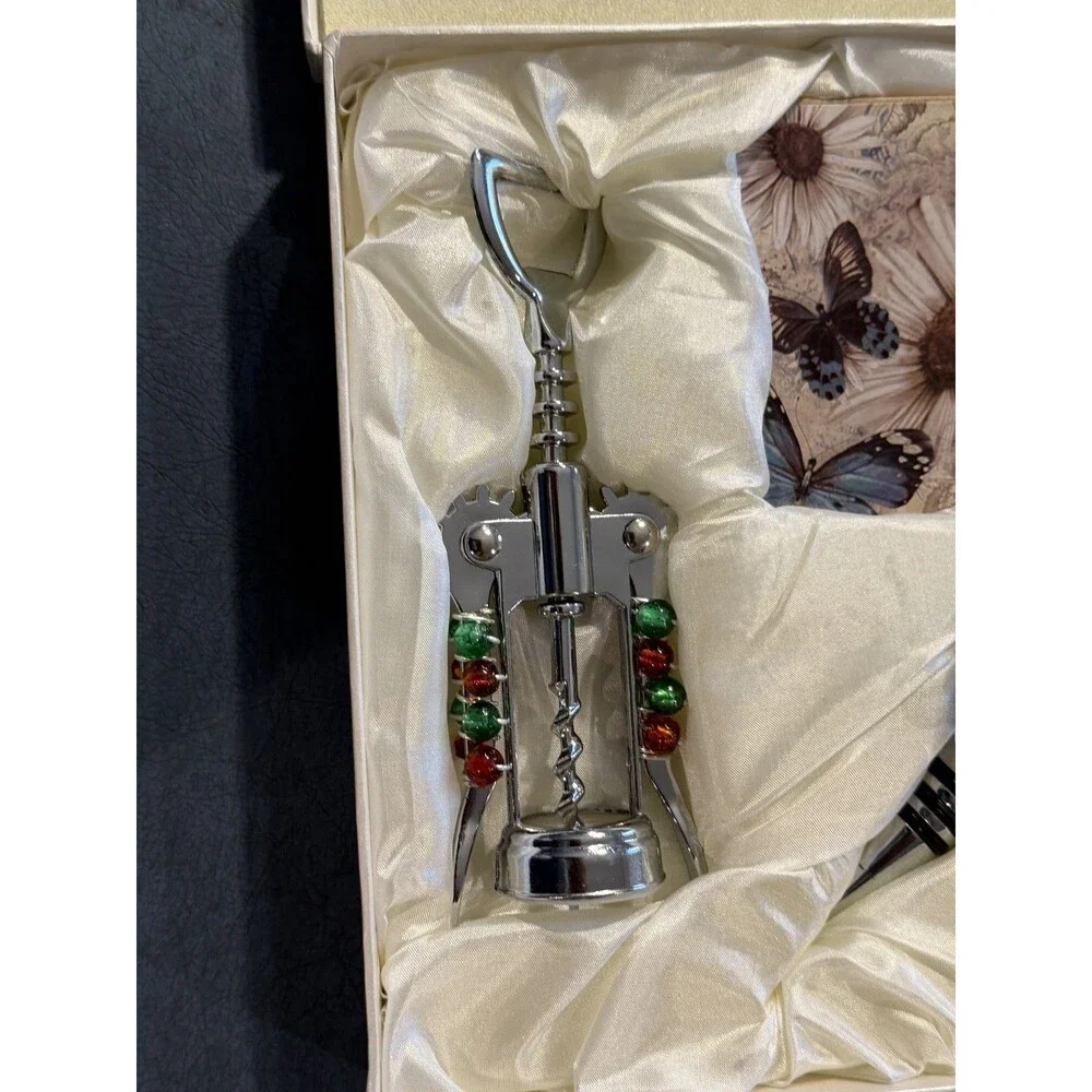 🍷🦋 Wine Accessory Gift Set–Beaded Corkscrew, Glass Butterfly Stopper & Coaster
